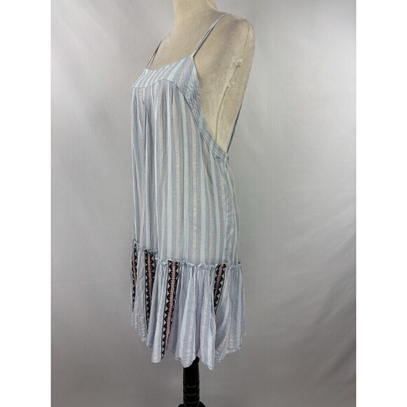 Lemlem Sundress Dress White Blue Stripe Large Ruffle Raw Hem Low Back - Picture 1 of 8